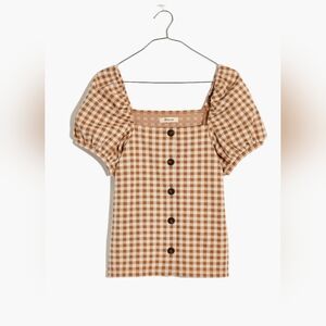Madewell Gingham Square Neck Puff Sleeve Top - Brown And Cream - Size Small